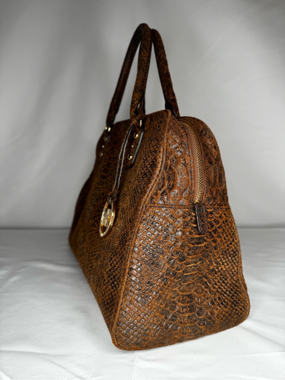 Michael Kors Brown Python Embossed Leather Satchel Handbag - Picture 3 of 9